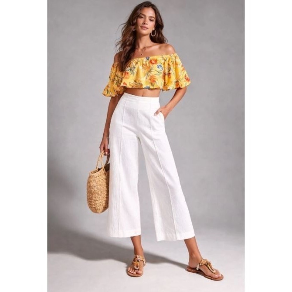 Maeve White Pintucked Wide Leg Pants Sz 10 Cropped Gauze Minimalist Coastal Chic